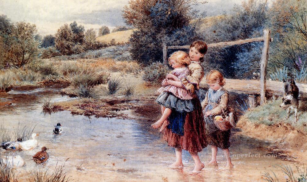 Children Paddling In A Stream Victorian Myles Birket Foster Oil Paintings